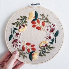 a hand is holding a embroidery hoop with flowers on it