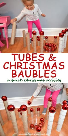 Tubes and Christmas Baubles – HAPPY TODDLER PLAYTIME - This is the easiest Christmas activity ever. You only need 2 things - cardboard tubes and baubles - plus 1 excited kid! Build, knock them down, repeat! #kidsactivities #toddleractivities #christmasact Christmas Stem Activities, Christmas Activities For Toddlers, December Activities, Christmas Stem, Christmas Games For Kids, Christmas Activity, Winter Preschool, Christmas Activities For Kids, Christmas School