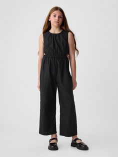 Linen-cotton jumpsuit.  Crewneck, zip closure at back.  Sleeveless.  Elasticized waist.  Cutout details at hip.  Straight, easy fit.  Easy through the hip and thigh. Jumpsuit For Kids, Cotton Jumpsuit, Jumpsuit Black, Gap Kids, Soft Hand, Black Jumpsuit, Transportation, Gap, Jumpsuit