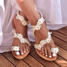 Lasaky - Floral Cutout Sandals with Low Heels - Stylish and Chic Beach Sandals White Sandals Wedding, Bridesmaid Sandals, Bride Sandals, Bohemian Flat, Bohemian Shoes, Beach Wedding Sandals, Wedding Shoes Lace, Lace Flats, Wedding Shoes Bride