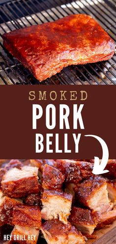 smoked pork belly on the grill with text overlay