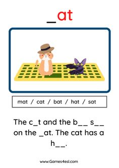 the cat and the bat are in front of an image with words that read at