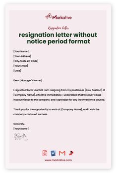 a pink cover letter with the words, resignation letter without notice period format