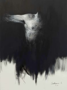 an abstract black and white painting of a man's head with his hands in the air