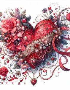 a painting of a heart with roses and pearls on the sides, surrounded by hearts