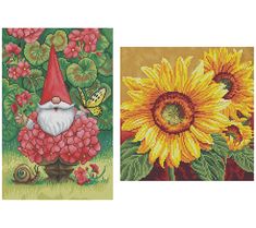 two cross stitch pictures with sunflowers and gnome in the garden, one has a red