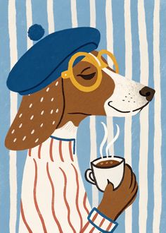 a drawing of a dog with glasses and a hat drinking coffee from a cup on a striped background