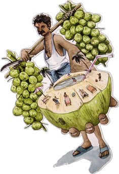 a drawing of a man holding a large bunch of grapes on top of a table