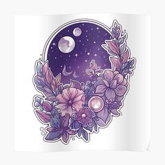 a sticker with flowers and moon in the background