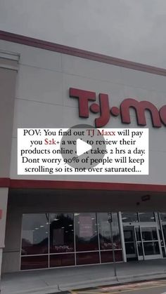 the front of a store that is advertising tj max's with an ad on it