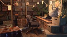 a room filled with lots of books and boxes next to a desk covered in papers