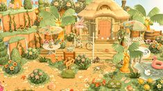 a painting of a small house surrounded by flowers and other things in the background,