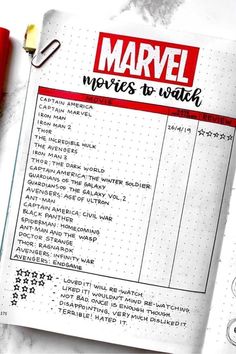 an open notebook with the words'marvel moves to walk'written in red on it