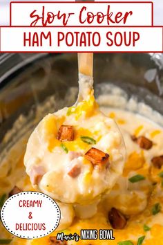 slow cooker ham potato soup with text overlay