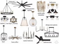 chandeliers and lights that are labeled in different styles, sizes, and colors