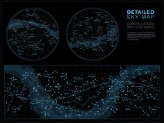 the detailed sky map with stars in blue and black colors on a dark background illustration