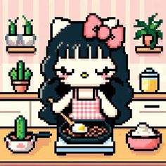 an image of hello kitty cooking in the kitchen