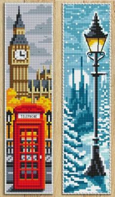 three cross stitch bookmarks depicting the london skyline, big ben and telephone booth in winter