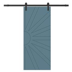 a blue door with black metal handles and a sunburst design on the front