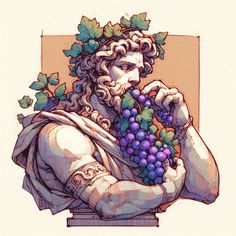 a drawing of a man holding grapes in his hands