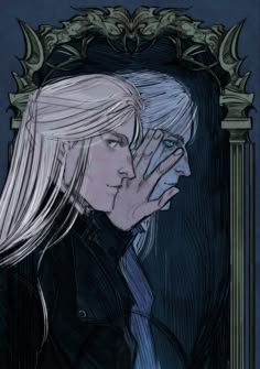 a drawing of two people in front of a mirror with their faces close to each other