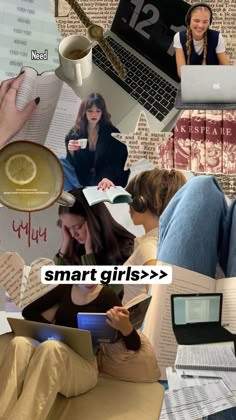 a collage of images with people working on laptops, books and other things