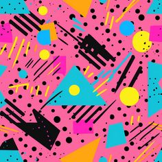 an abstract pattern with black, yellow and pink shapes on a bright pink background that is half - finished