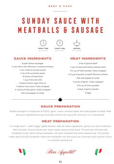 a menu for meatballs and sausages with the words sunday sauce with meatballs & sausage