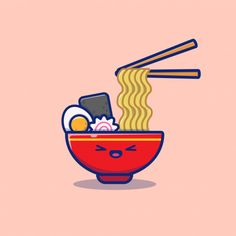 a bowl filled with noodles and chopsticks on top of a pink background,