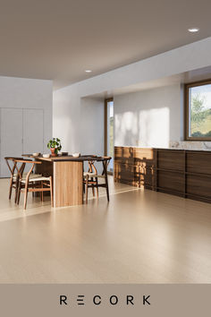 an empty kitchen and dining room are shown in this image with the words recork above it