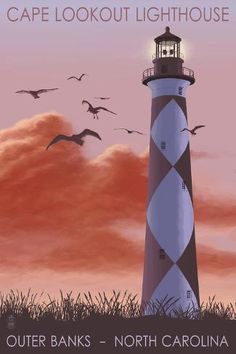 a lighthouse with birds flying around it and the caption cape lookout lighthouse outer banks - north carolina