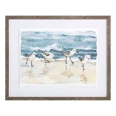 three seagulls are walking on the beach in front of the water and sand