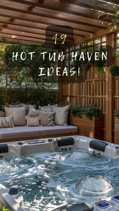 a hot tub sitting under a pergolated roof next to a wooden bench with pillows on it