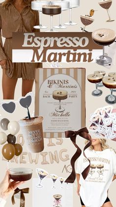 a collage of photos with different types of items in them and the words espresso martini on it