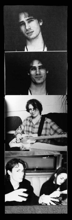 four black and white photos of young men with different facial expressions, from one man to the other