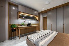 a bed sitting in a bedroom next to a wooden desk and shelves on the wall