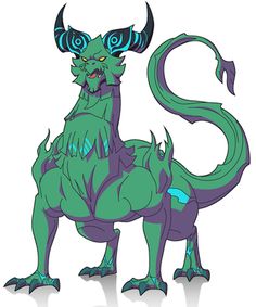 a green and blue dragon with horns on it's head, standing in front of a