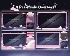 an animated video game with pink clouds and stars in the sky, as well as four frames