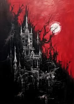 a painting with black and red paint on it, depicting a castle in the background