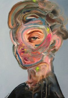 an abstract painting of a man's face with different colored hair