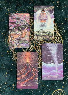 four different tarot cards with the names of each card in front of them and an image of a volcano