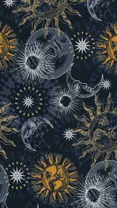 the sun and moon are depicted in this black, yellow and white print on fabric