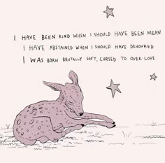 a drawing of a fawn laying down on the ground with stars in the background