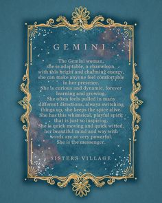 a poem written in gold on a blue background that says, gemini the general woman with this bright and charming energy she can make anyone feel comfortable