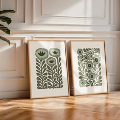 two framed art prints sitting on top of a hard wood floor next to a potted plant