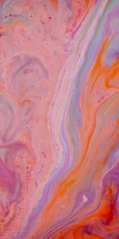 an abstract painting with orange, pink and blue colors on it's surface that looks like fluid paint