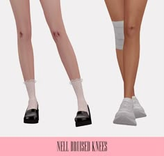 the legs and ankles of two women in short shorts with knee socks on, one wearing high heeled shoes