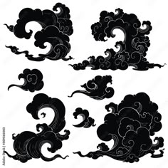 black and white clouds in the shape of waves, with swirls on each side