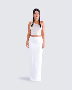 A clean, elegant, and classy look for you to own the night in 🤍 Featuring an ivory one shoulder top, paired with a white jersey maxi skirt - this two-piece set is giving "expensive, and untouchable" 💅 Jersey Maxi Skirt, White Corset Dress, White Maxi Skirt, Yellow Mini Dress, White Maxi Skirts, Mesh Maxi Dress, White Corset, One Shoulder Top, Sequin Mini Skirts