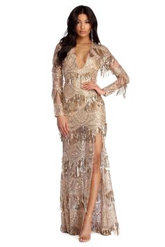 Special OccasionSparkle and gleam as you radiate in our Rachel sequin dress! She features an all over gold hue. a V neckline. unlined fitted long sleeves and a partially lined maxi lengthsilhouette. Her all over mesh fabric features a geometric pattern adorned with dazzling sequins. Dress offers a relaxed fit with minimal stretch. Includes a hidden back zipper closure.Special Occasion products cannot be returned to any retail locations. Gold Long Sleeve Gala Dresses, Gold Long Sleeve Dress For Gala, Festive Long Sleeve Sequin Maxi Dress, Sequin Maxi Dress For Fall, Gold Embellished Maxi Dress For Night Out, Fall Sequin Maxi Dress, Glamorous Gold Maxi Dress, Glamorous Floor-length Maxi Dress For Fall, Glamorous Gold Sequin Fabric For Prom Season